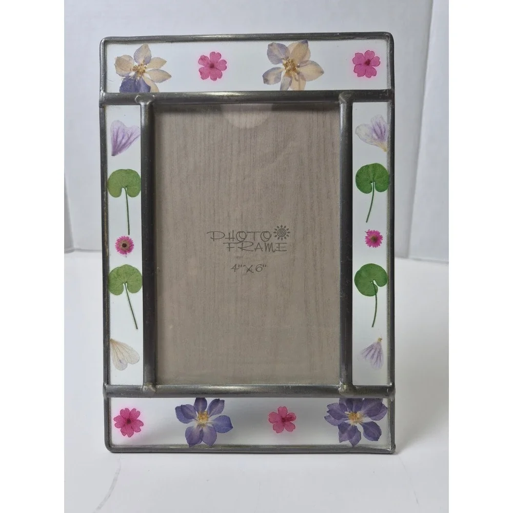 Vintage Stained Glass Pressed Flower Photo Frame 4x6 Botanical Cottagecore Decor